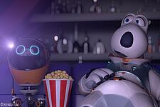 Bernard Bär und kleiner Roboter schauen zusammen mit Popcorn einen Film