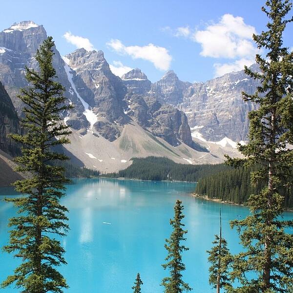 kristallblauer Bergsee in Kanada mit Bäumen