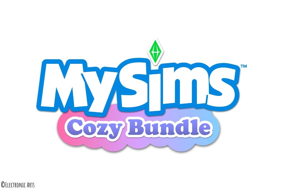 Schriftzuf "MySims Cozy Bundle" in weiß, blau, grün und lilafarben