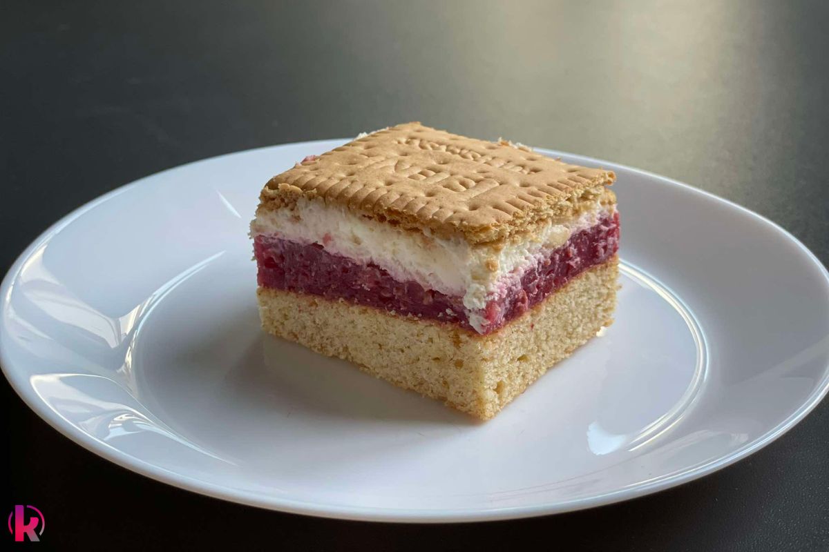 Butterkeks Kuchen mit einer Creme und Himbeerfüllung